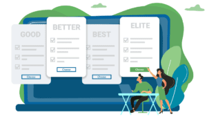 illustration of people pointing to 4 pricing options